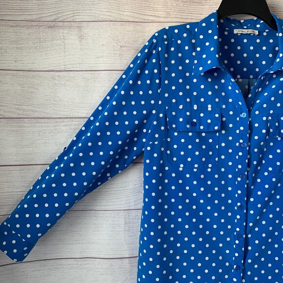 Studio Works Blue and White Polka Dot Button Down Shirt Roll Tab Long Sleeve - Picture 10 of 16